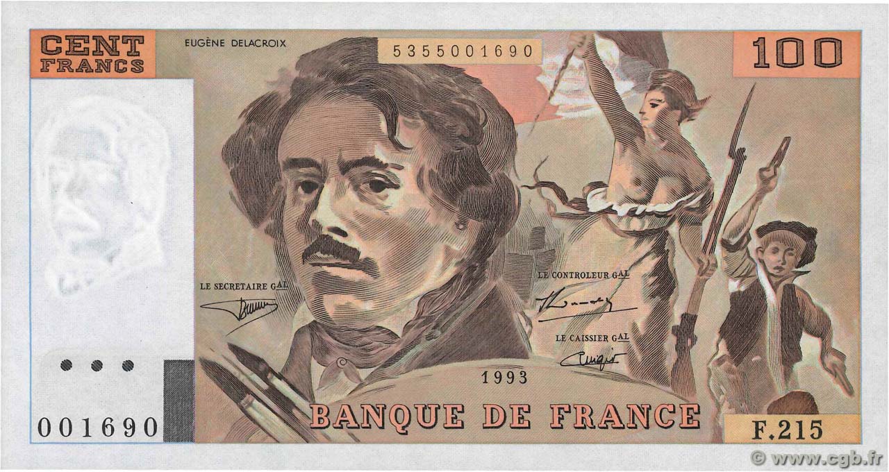 100 Francs DELACROIX imprimé en continu FRANCIA  1993 F.69bis.06a215
 SPL
