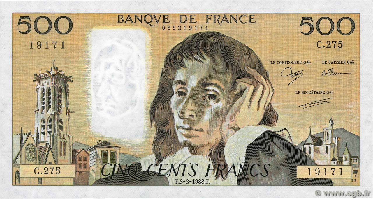 500 Francs PASCAL FRANKREICH  1988 F.71.38 fST+