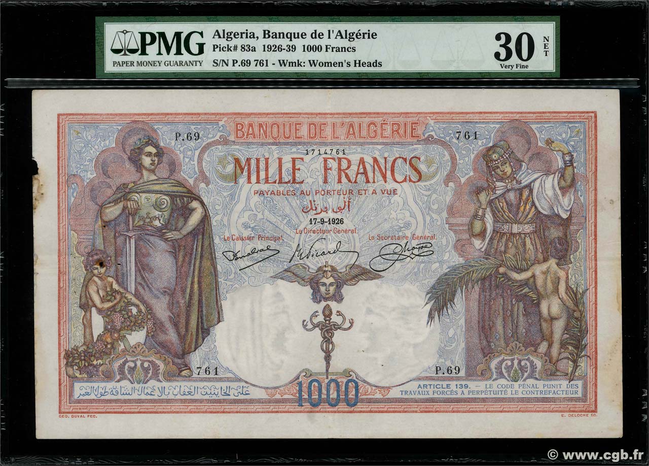 1000 Francs ALGERIA  1926 P.083a q.BB