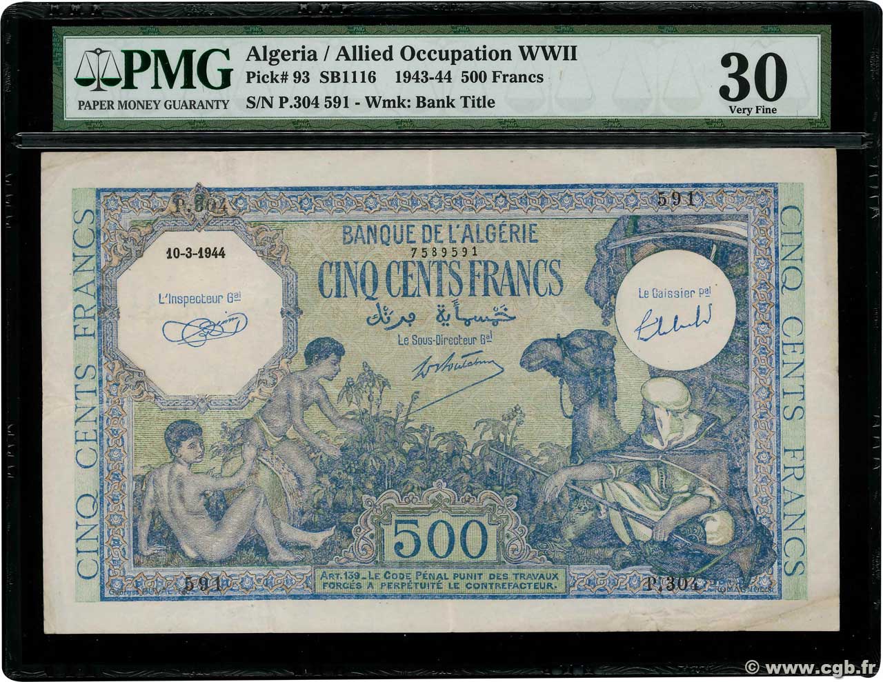 500 Francs ALGERIA  1944 P.093 VF-