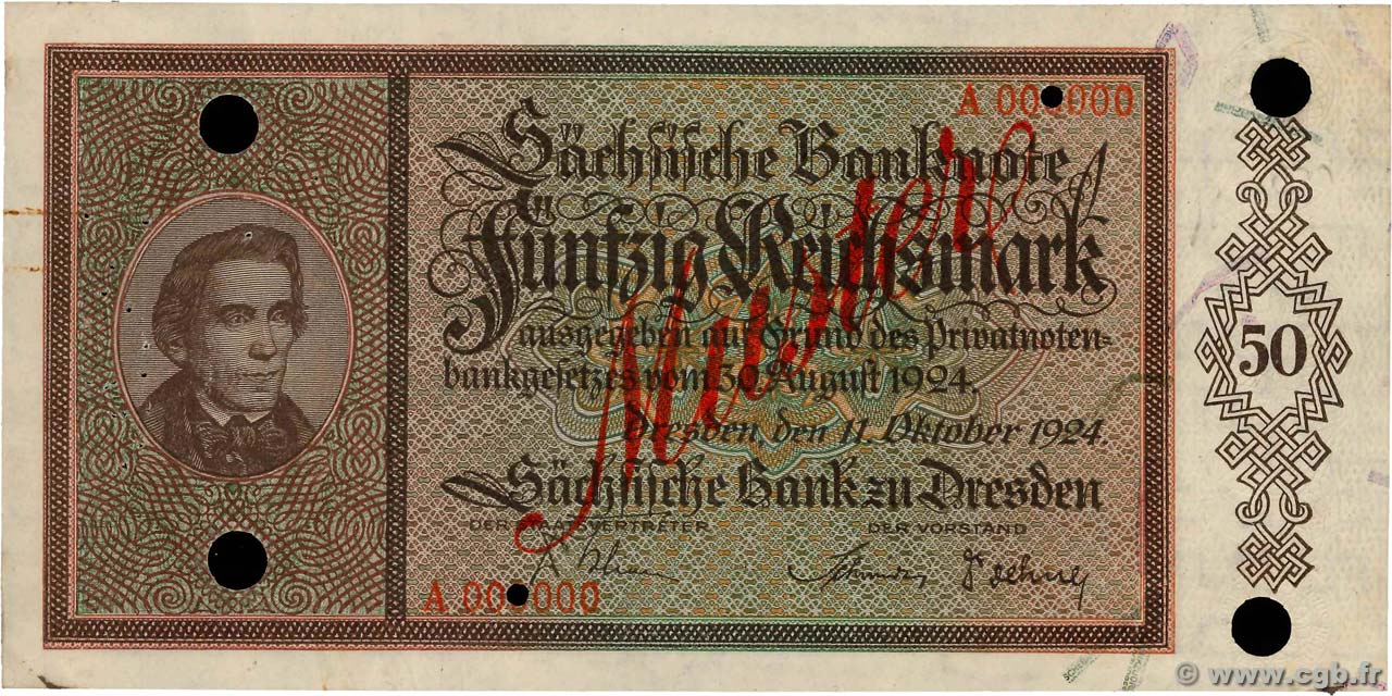 50 Reichsmark Spécimen GERMANIA Dresden 1924  q.SPL