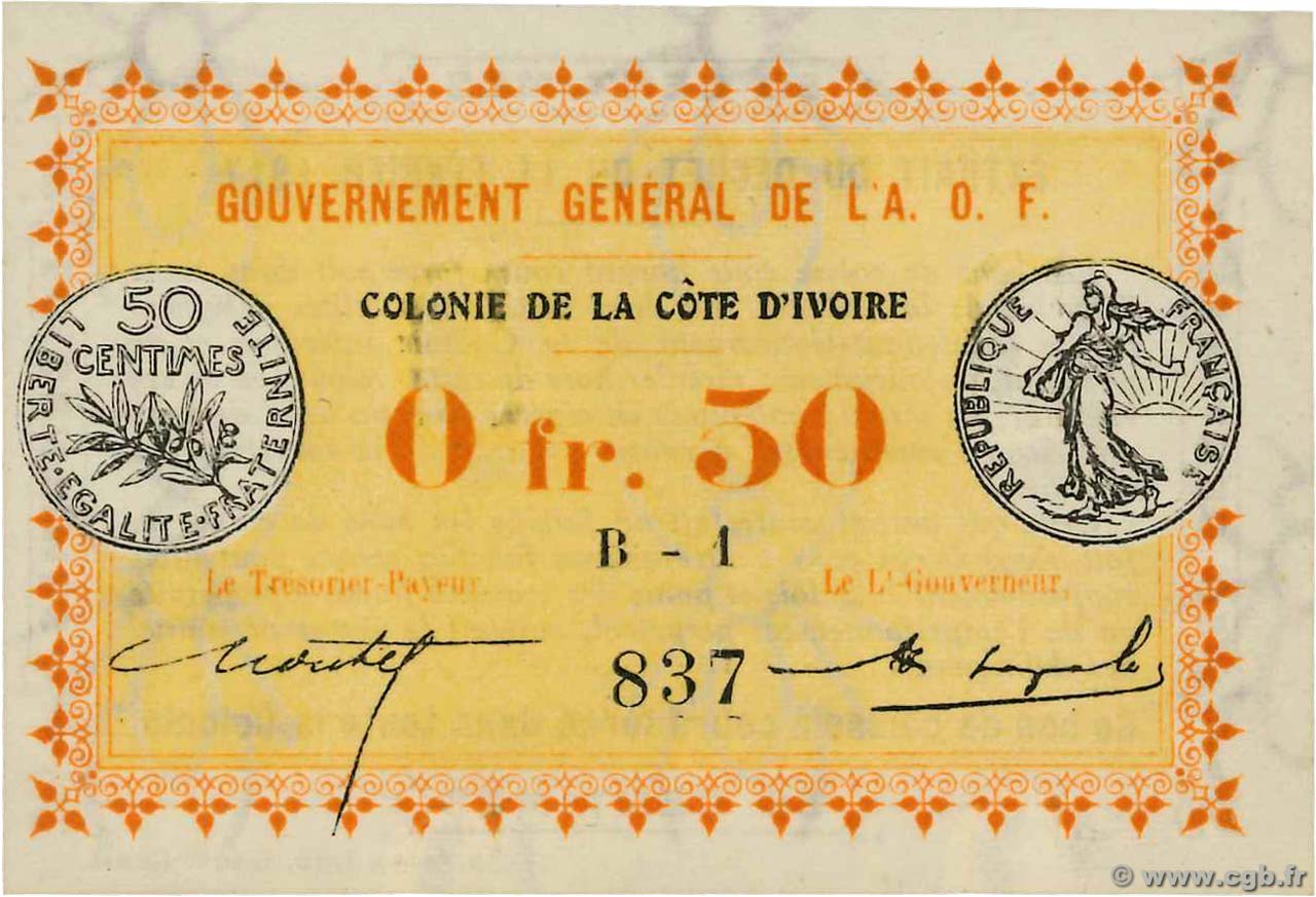 50 Centimes ELFENBEINKÜSTE  1917 P.01a ST