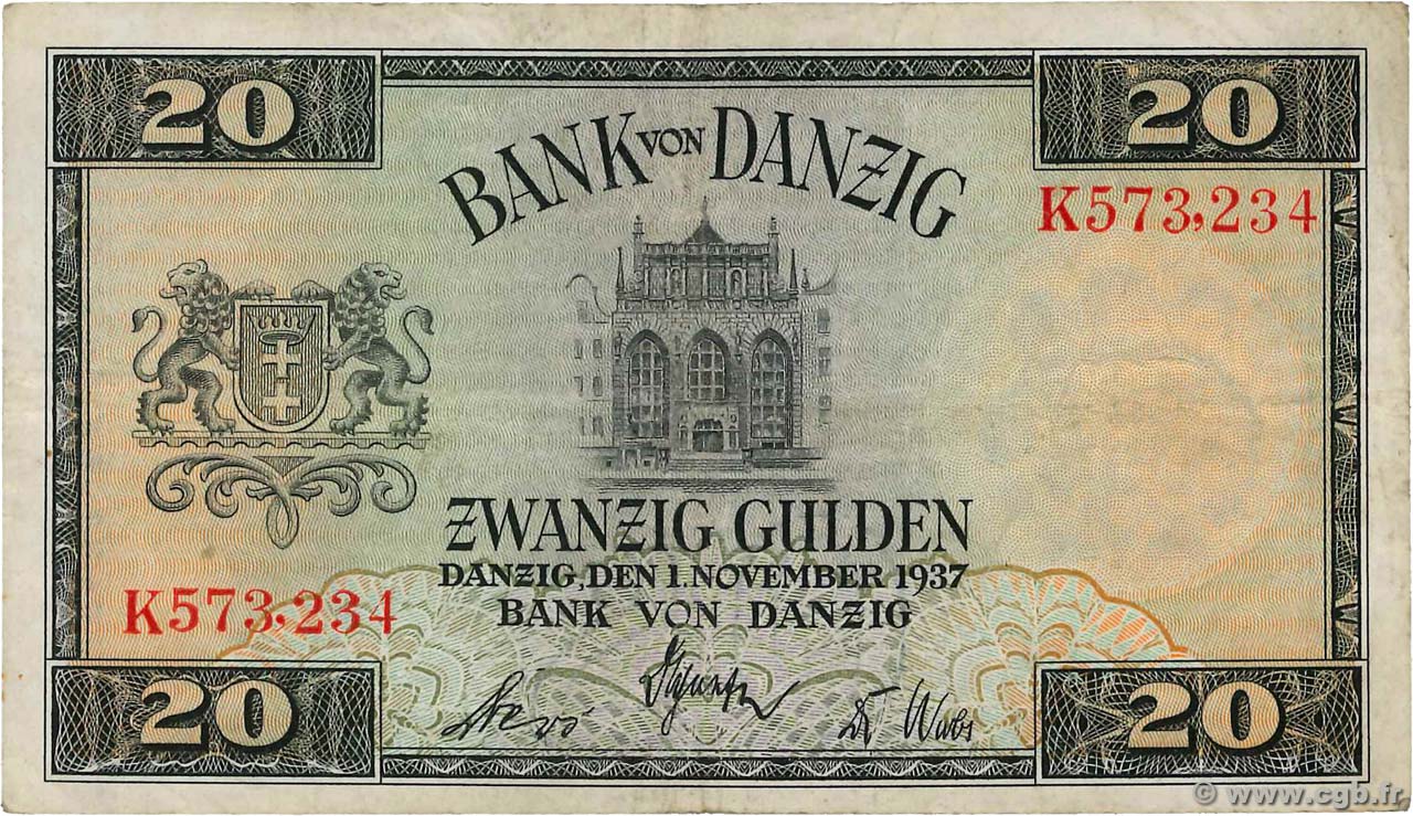 20 Gulden DANTZIG  1937 P.63 BC+