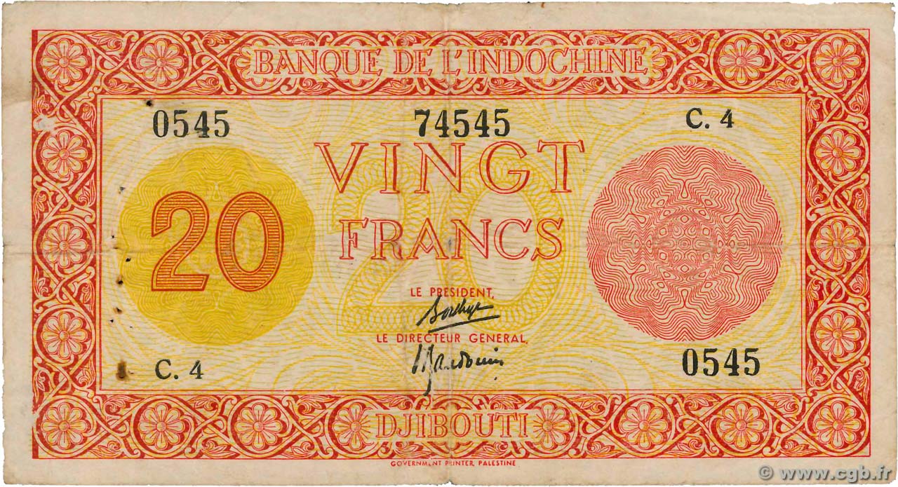 20 Francs Palestine DSCHIBUTI   1945 P.15 S