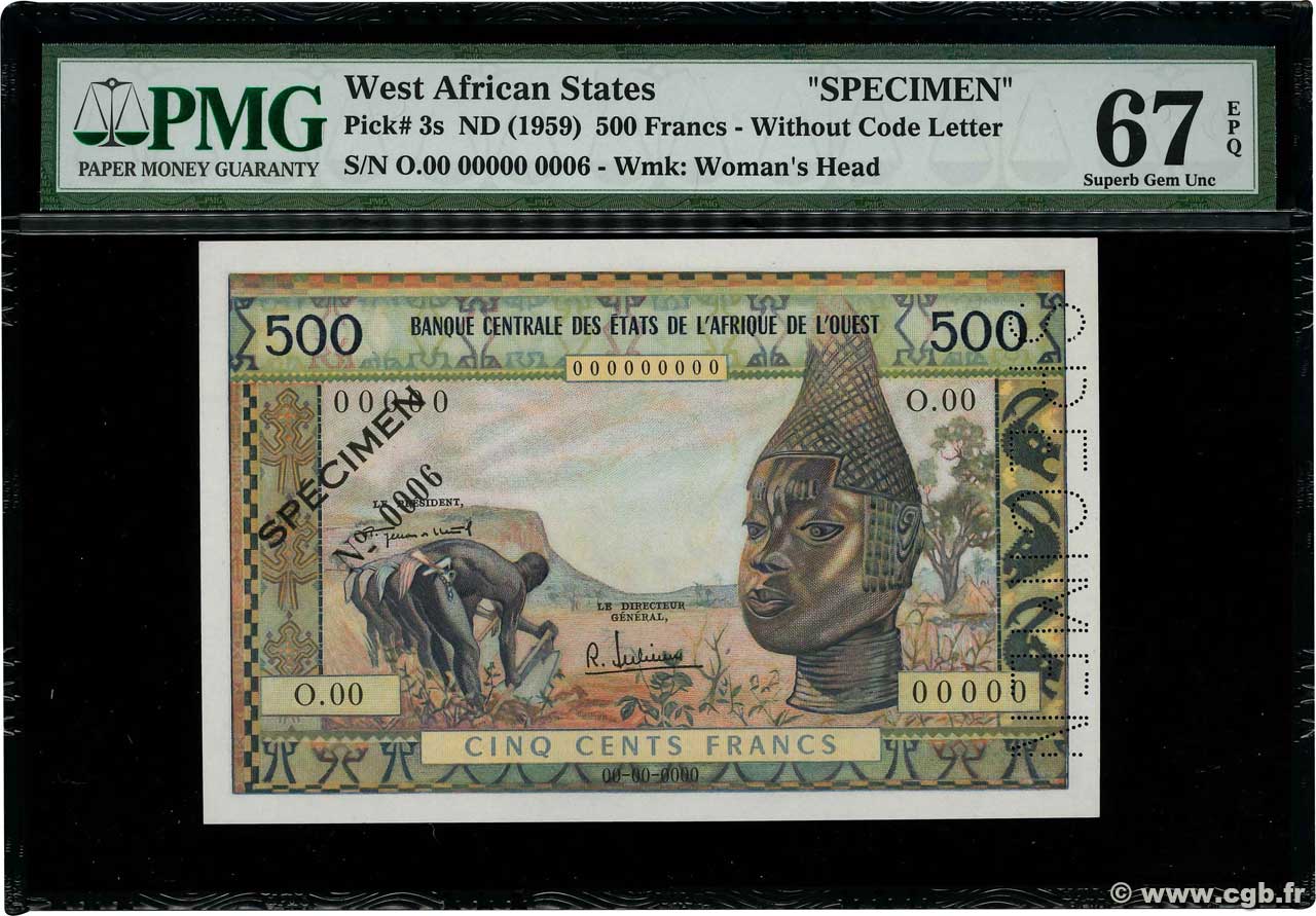 500 Francs Spécimen WEST AFRIKANISCHE STAATEN  1959 P.003s ST