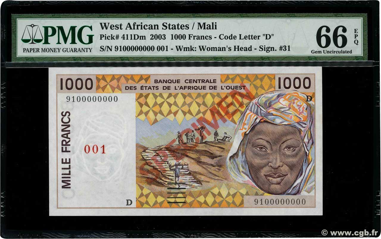 1000 Francs Spécimen WEST AFRICAN STATES  1991 P.411Ds UNC-