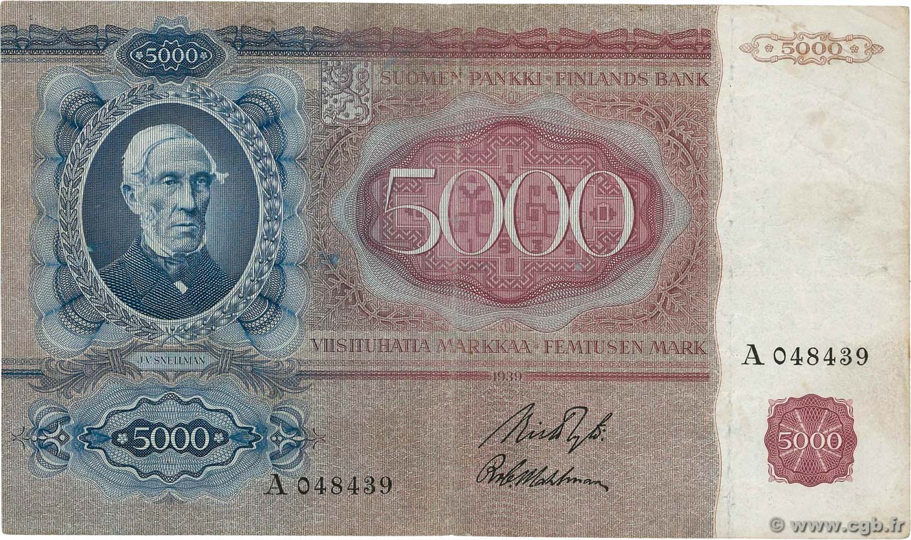5000 Markkaa FINNLAND  1939 P.075b fSS