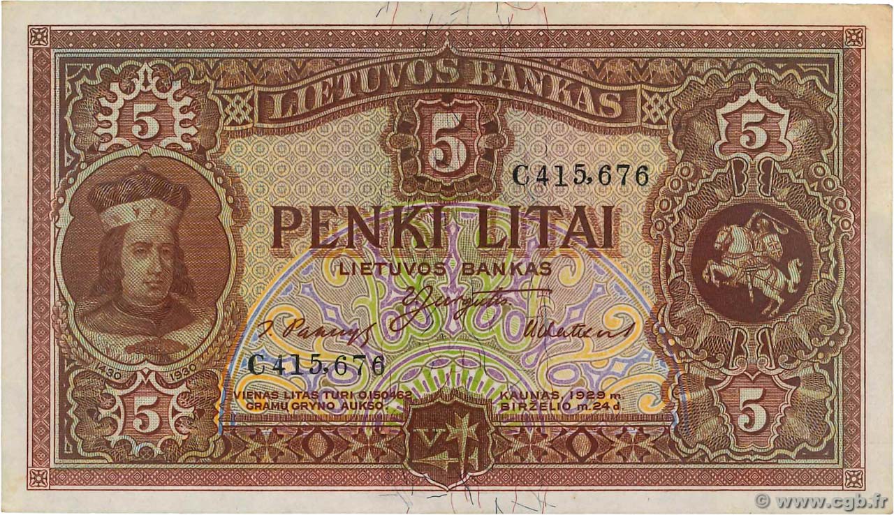 5 Litai LITHUANIA  1929 P.26a XF+