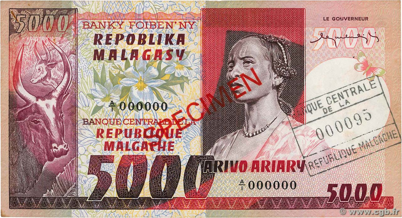5000 Francs - 1000 Ariary Spécimen MADAGASKAR  1974 P.066s VZ