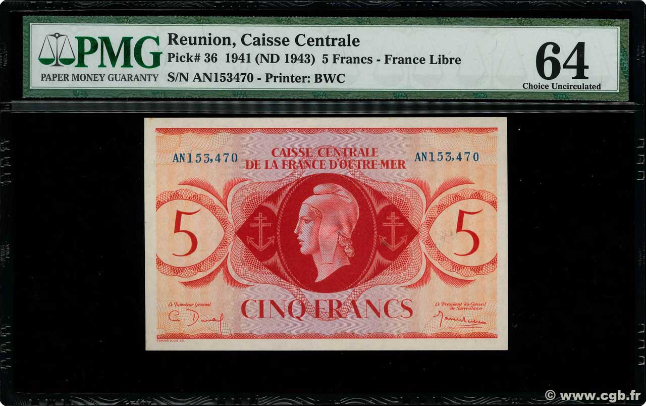 5 Francs ISLA DE LA REUNIóN  1943 P.36 SC+
