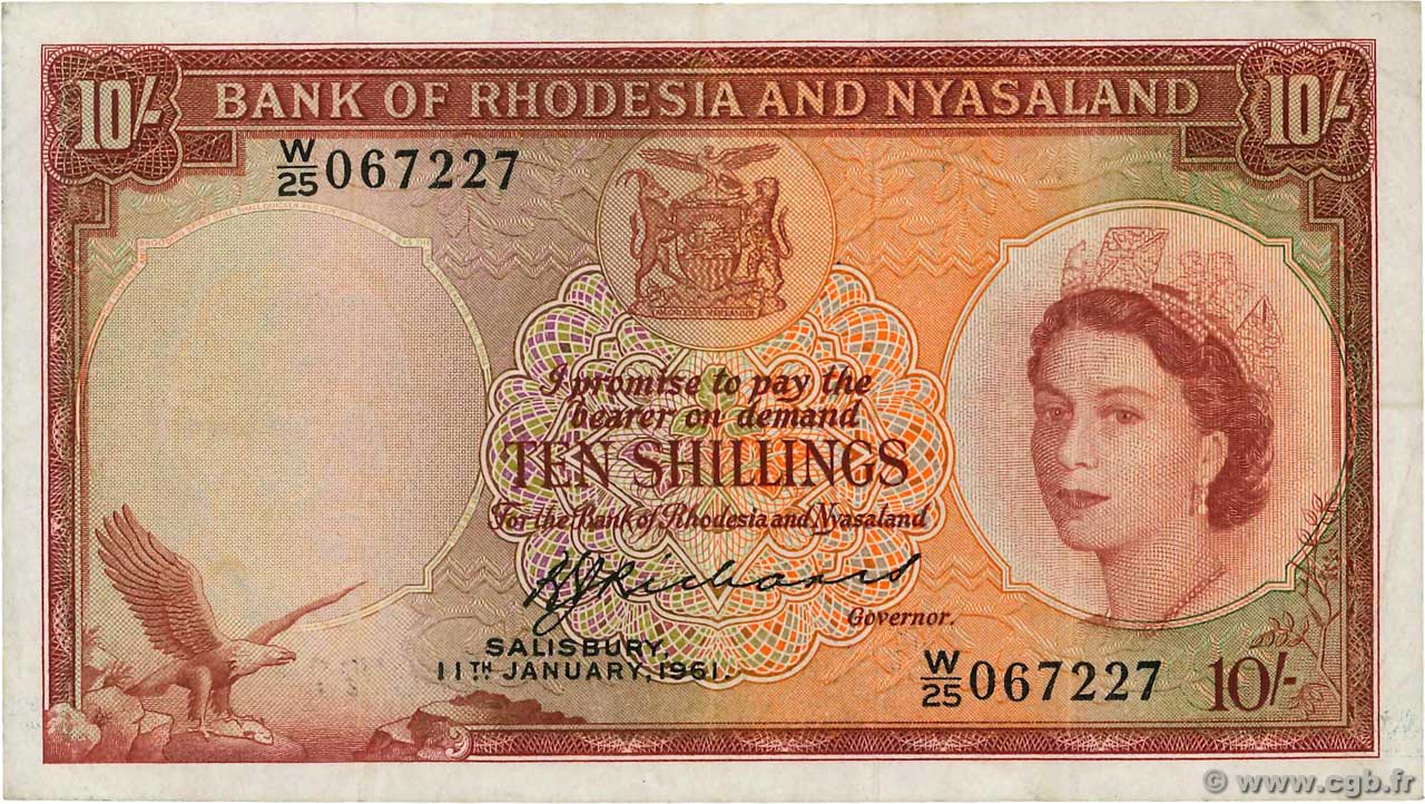 10 Shillings RHODESIA E NYASALAND (Federazione della)  1961 P.20b BB
