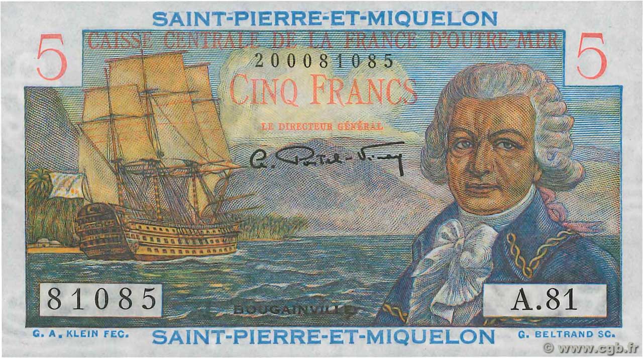 5 Francs Bougainville SAINT PIERRE E MIQUELON  1946 P.22 q.FDC