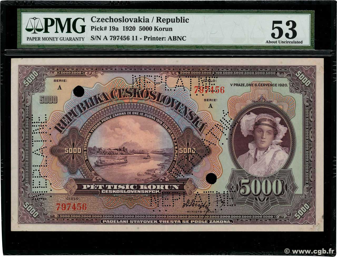 5000 Korun Spécimen CZECHOSLOVAKIA  1920 P.019s XF