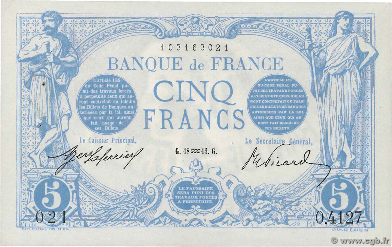 5 Francs BLEU FRANCE  1915 F.02.23 XF+
