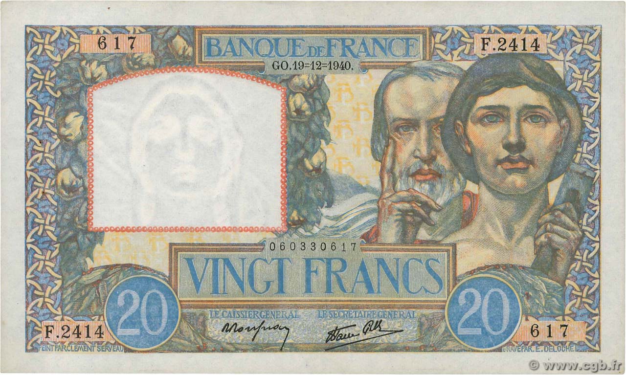 20 Francs TRAVAIL ET SCIENCE FRANCE  1940 F.12.11 SUP