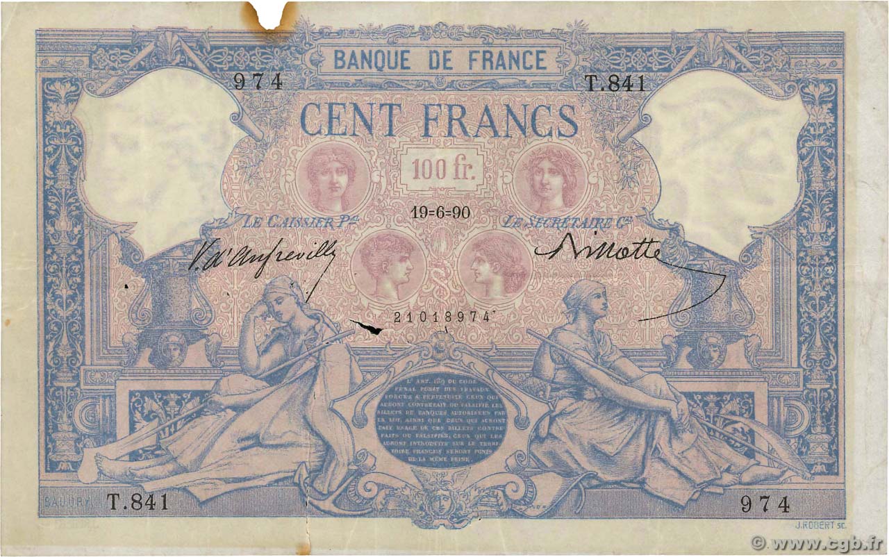 100 Francs BLEU ET ROSE FRANCE  1890 F.21.03 F