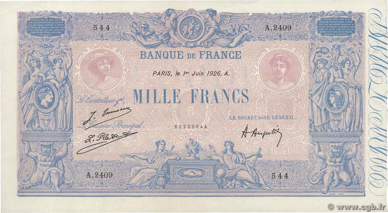 1000 Francs BLEU ET ROSE FRANCIA  1926 F.36.42 q.AU