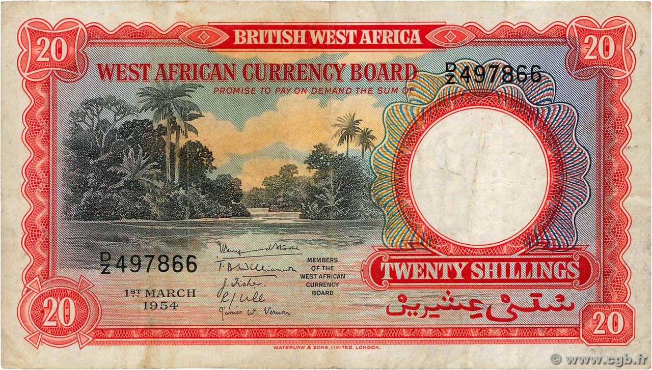 20 Shillings AFRICA DI L OVEST BRITANNICA  1954 P.10a q.BB