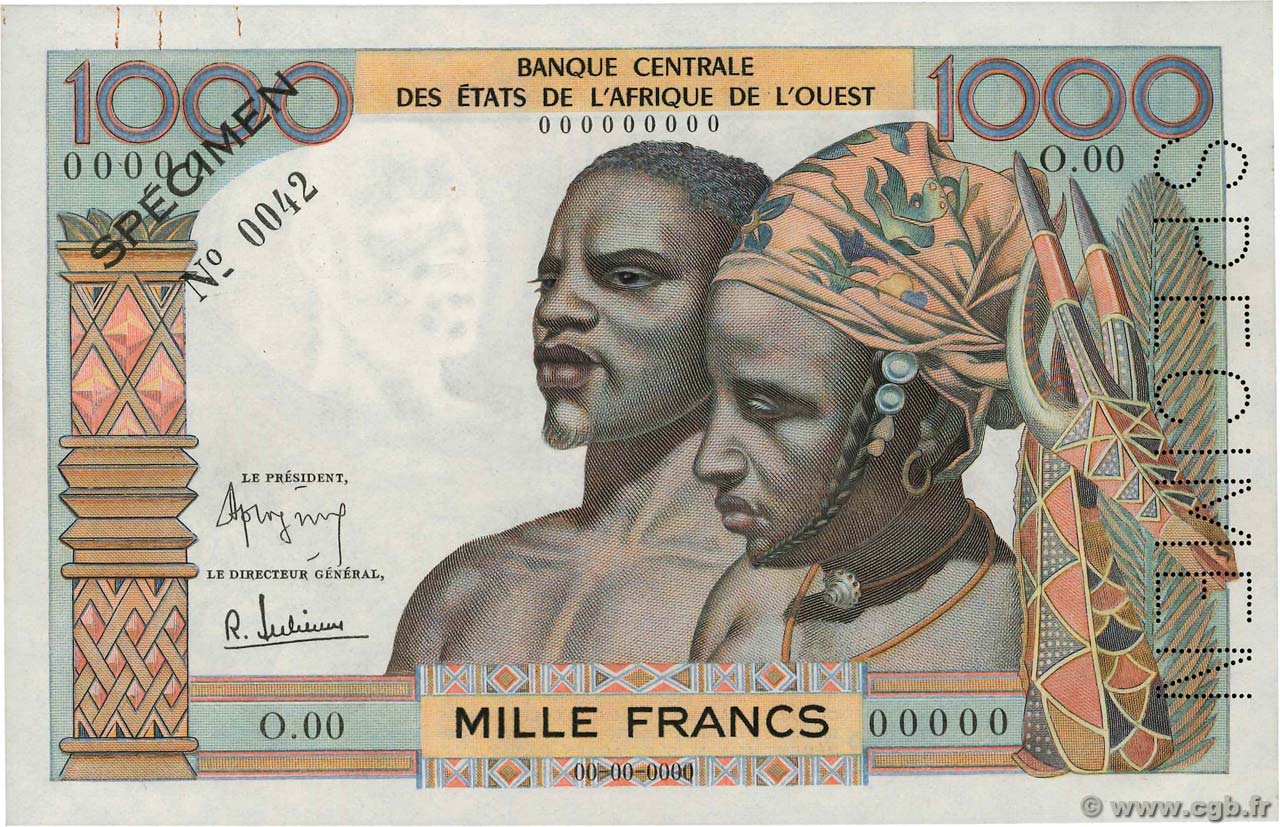 1000 Francs Spécimen ÉTATS DE L AFRIQUE DE L OUEST  1963 P.004s VAR pr.NEUF