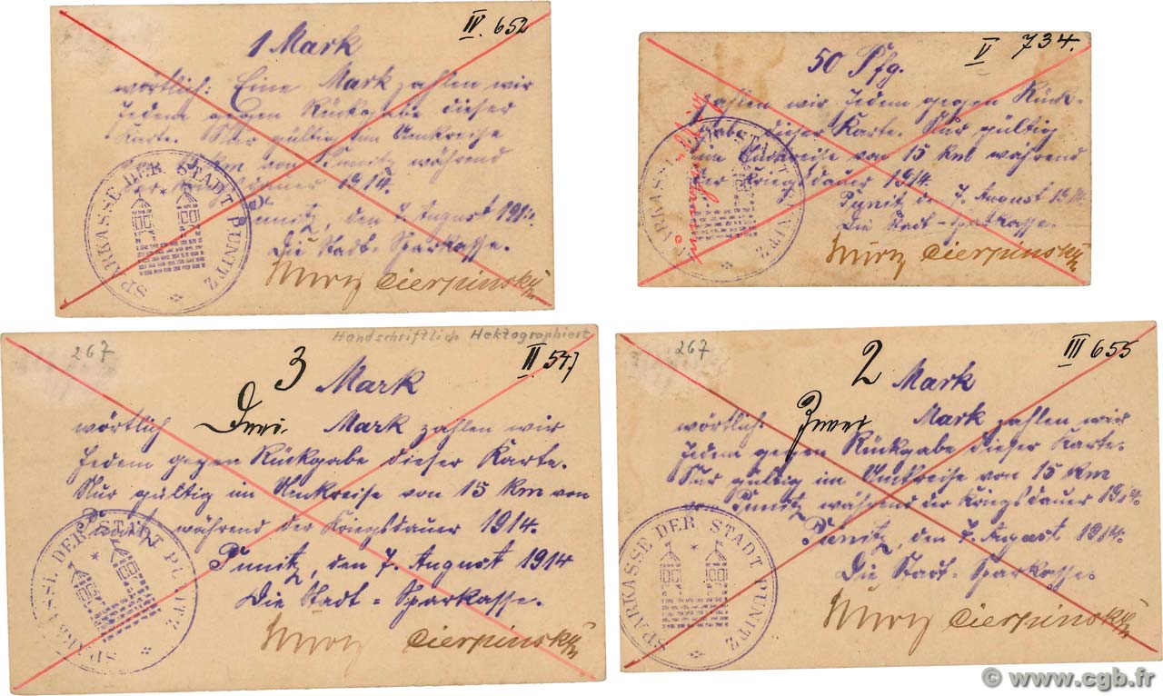 50 Pfennige, 1, 2 et 3 Marks POLONIA Punitz - Poniec 1914 P.- SPL