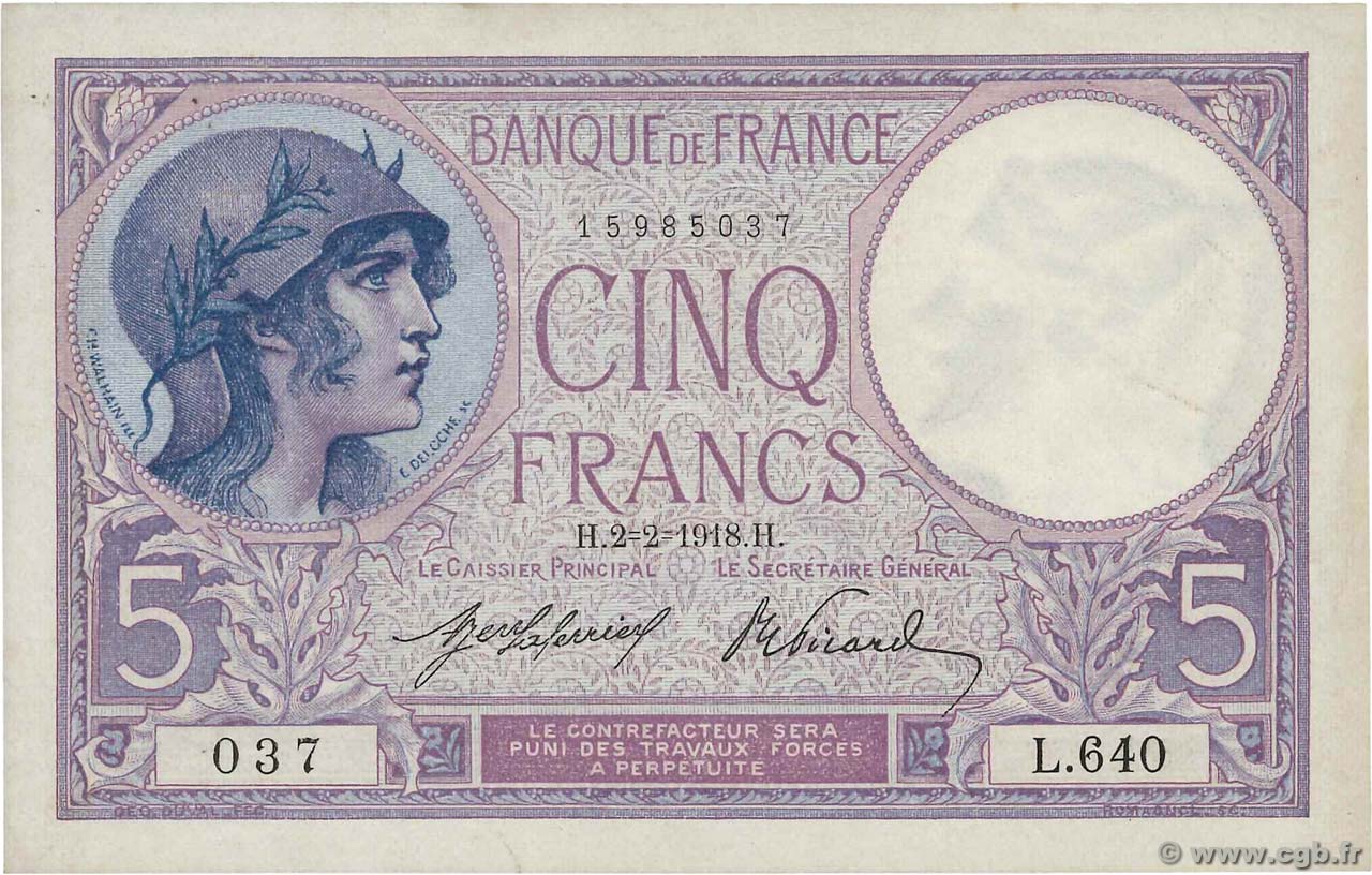 5 Francs FEMME CASQUÉE FRANCIA  1918 F.03.02 SC+