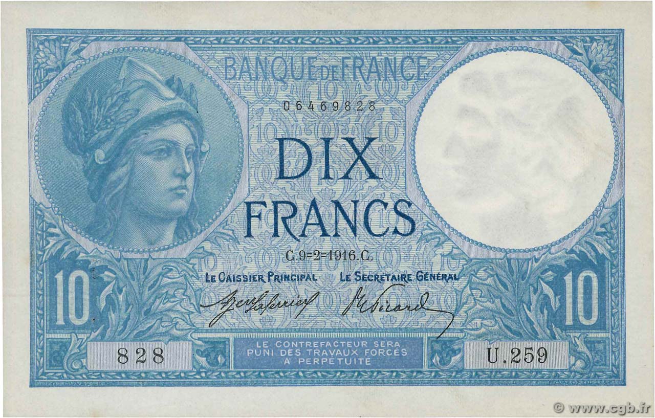 10 Francs MINERVE FRANCIA  1916 F.06.01 AU