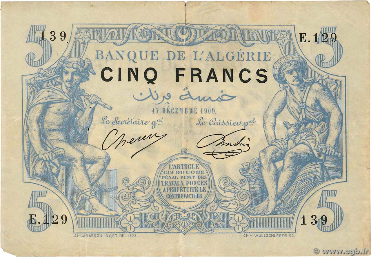 5 Francs ALGERIEN  1909 P.071a SS