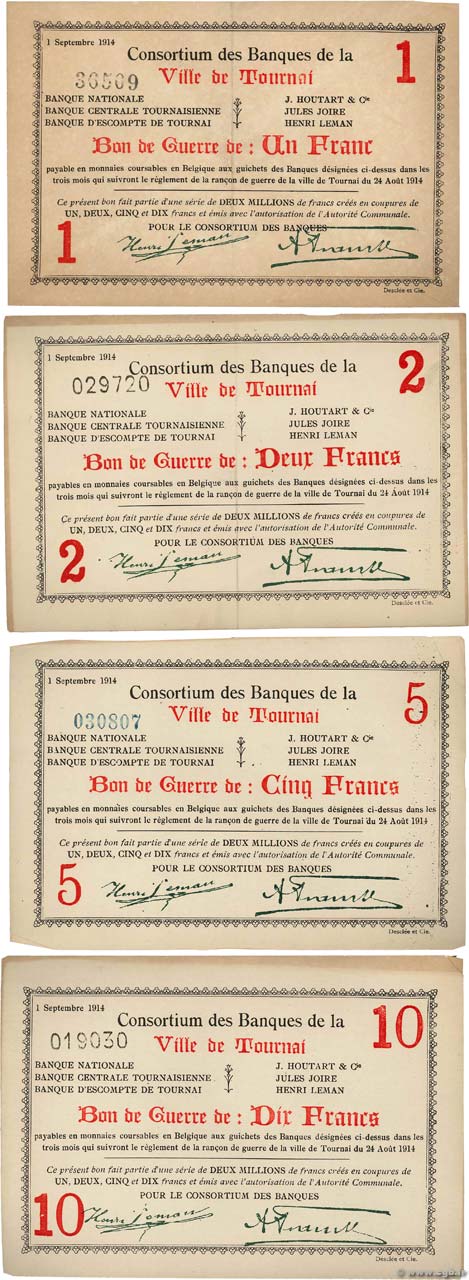 1, 2, 5 et 10 Francs BELGIUM Tournai 1914 P.- VF