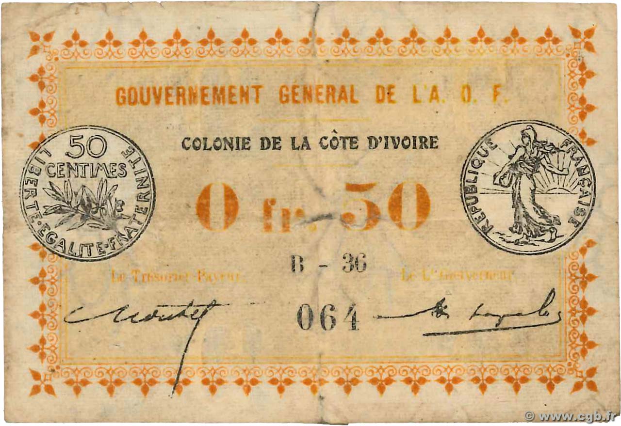 50 Centimes IVORY COAST  1917 P.01a VG