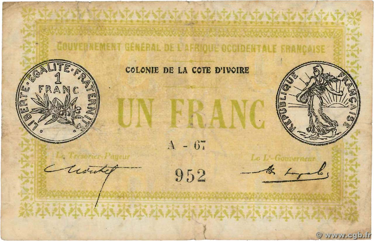 1 Franc COSTA D AVORIO  1917 P.02a MB