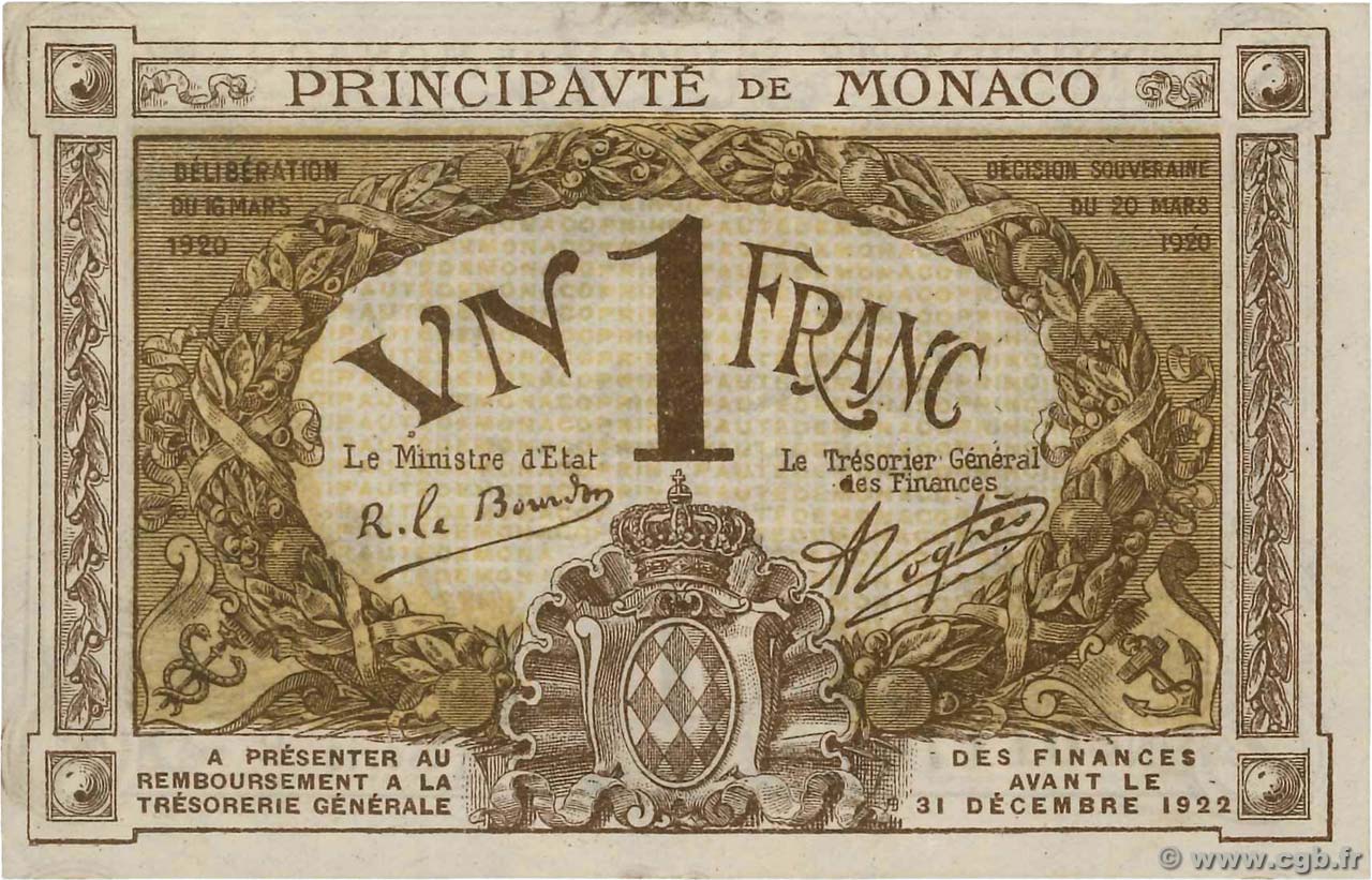 1 Franc MONACO  1920 P.04 q.FDC