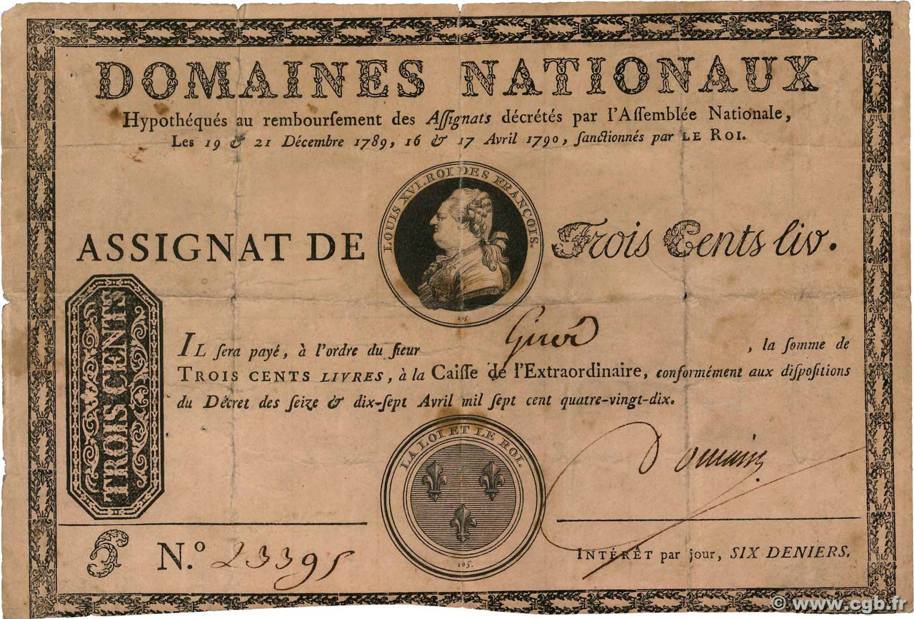 300 Livres sans coupons variété FRANCE  1790 Ass.02b.v1 G