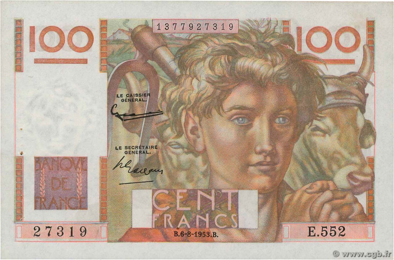 100 Francs JEUNE PAYSAN filigrane inversé FRANCE  1953 F.28bis.02 XF+