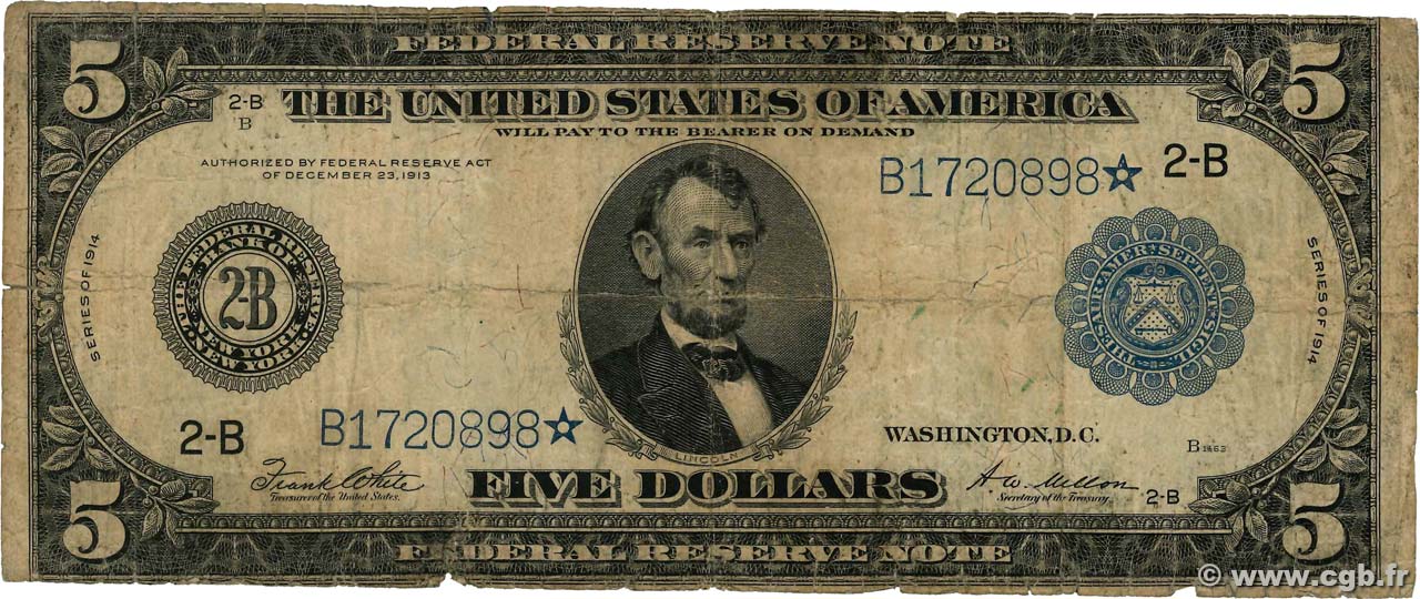 5 Dollars ÉTATS-UNIS D AMÉRIQUE New York 1914 P.359b pr.B