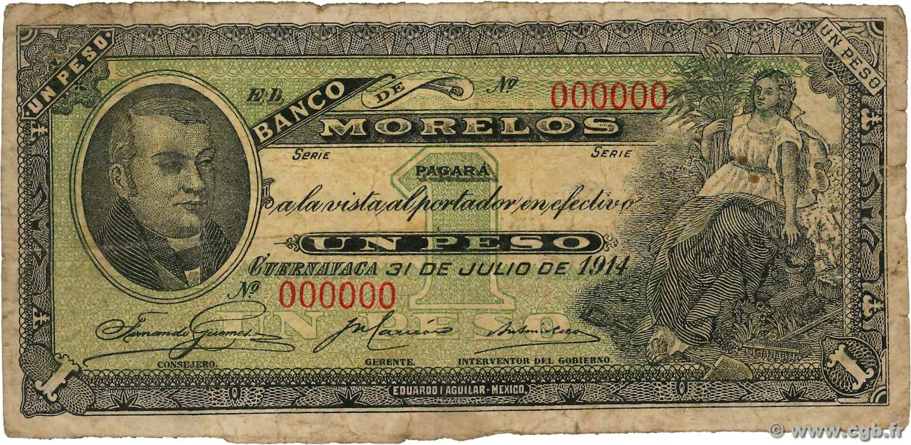 1 Peso Spécimen MEXICO Guernavaca 1914 PS.351s RC+