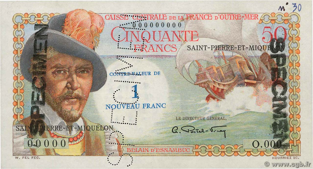 1 NF sur 50 Francs Belain d Esnambuc Spécimen SAINT-PIERRE UND MIQUELON  1960 P.31s fST+