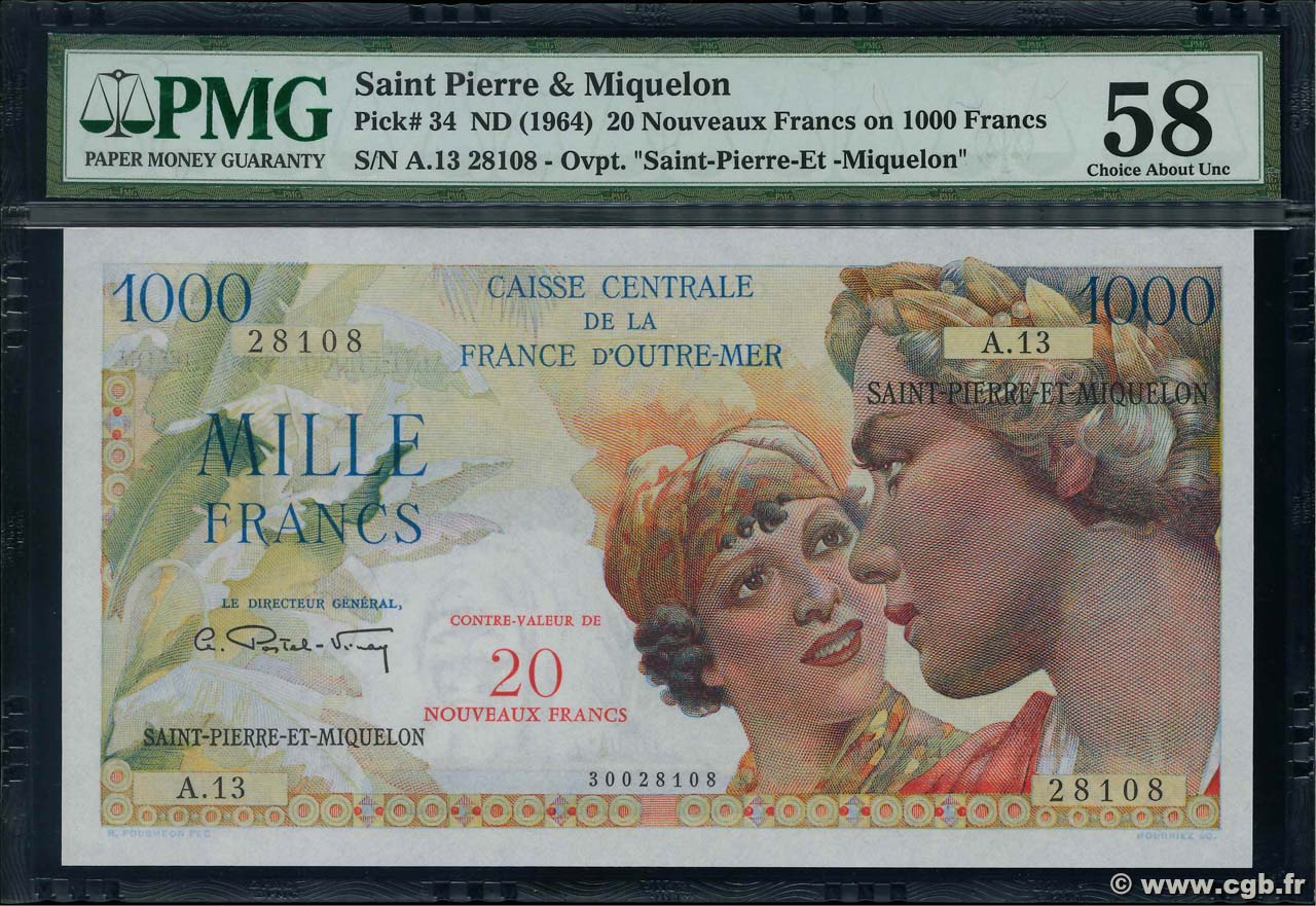 20 NF sur 1000 Francs Union Française SAINT PIERRE ET MIQUELON  1964 P.34 SUP