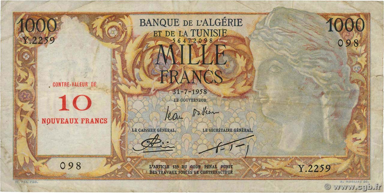 10 Nouveaux Francs sur 1000 Francs ALGERIA  1958 P.112 MB