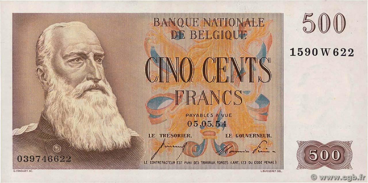 500 Francs BELGIUM  1954 P.130a AU