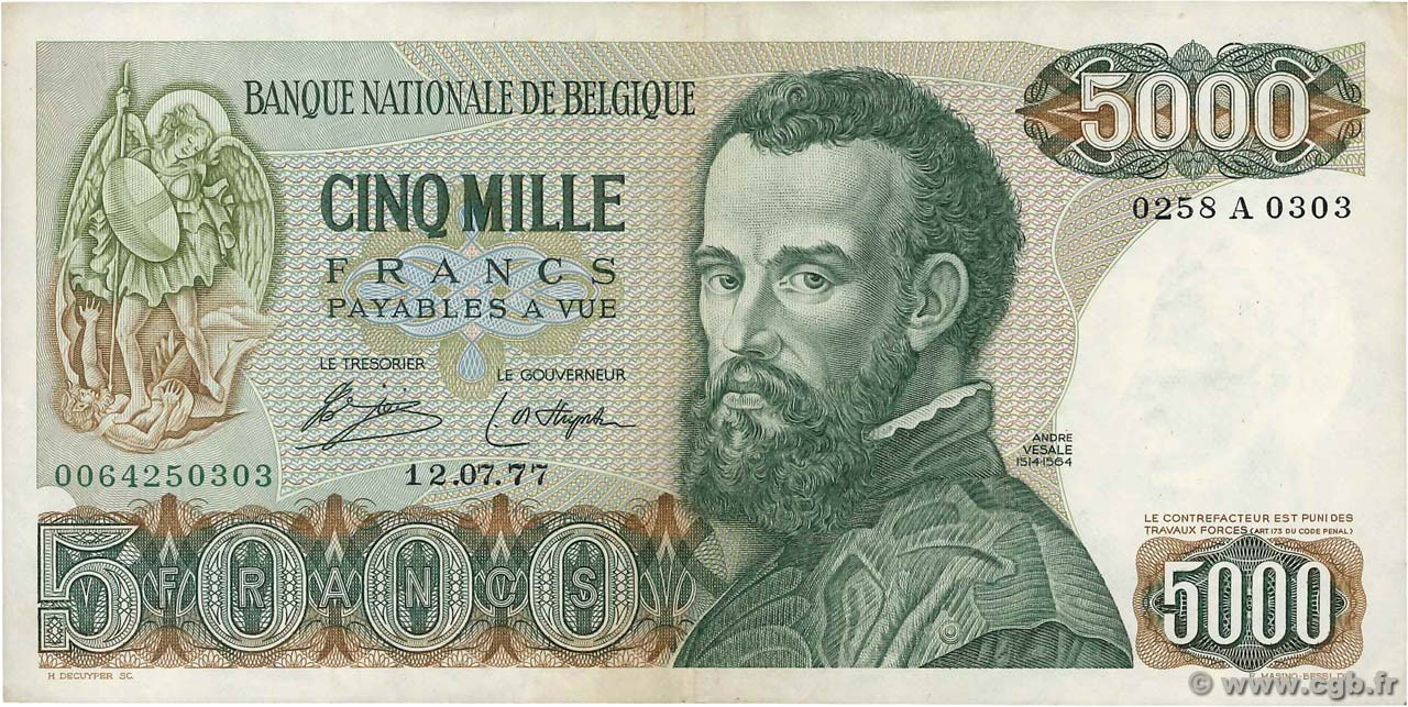 5000 Francs BELGIEN  1977 P.137a SS