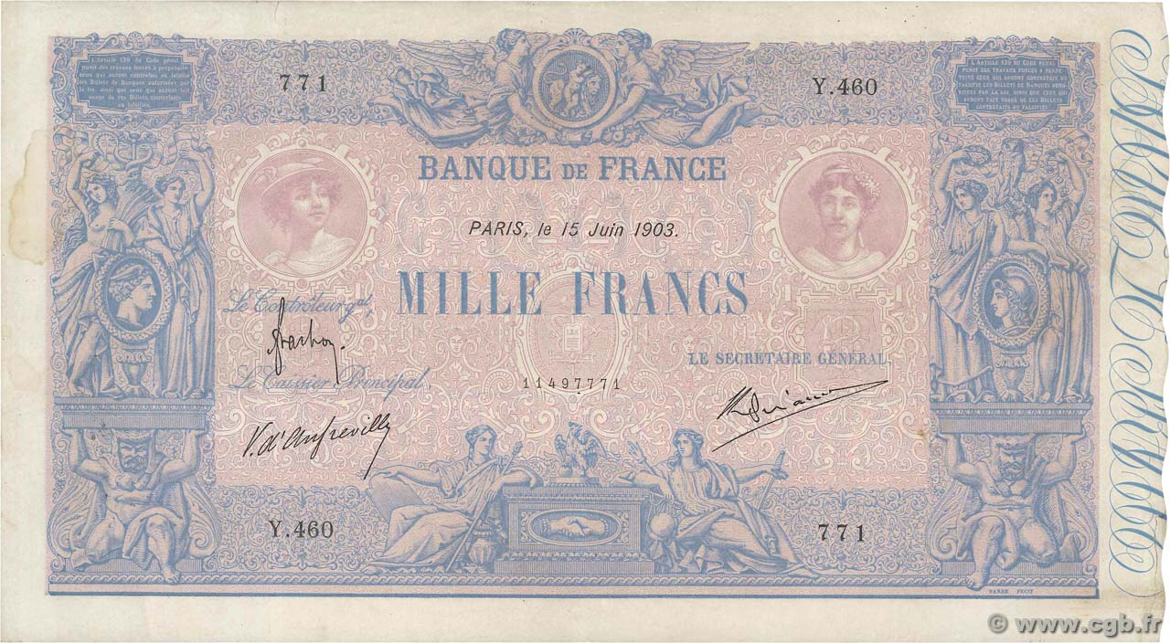 1000 Francs BLEU ET ROSE FRANCIA  1903 F.36.17 q.SPL