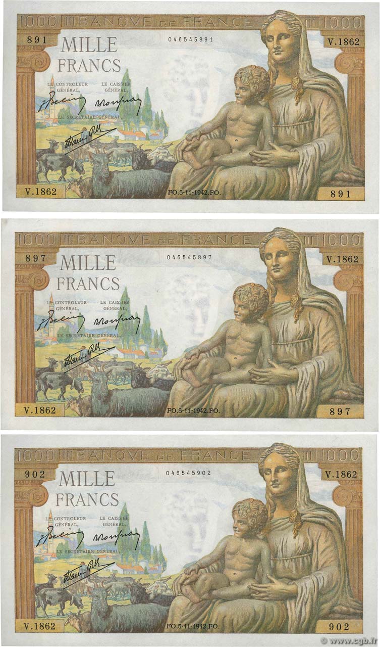 1000 Francs DÉESSE DÉMÉTER Lot FRANKREICH  1942 F.40.10 fST+