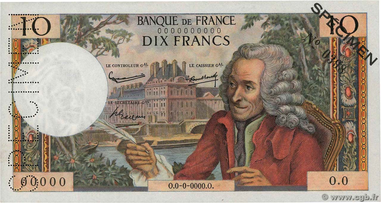 10 Francs VOLTAIRE Spécimen FRANCE  1963 F.62.01Spn pr.NEUF
