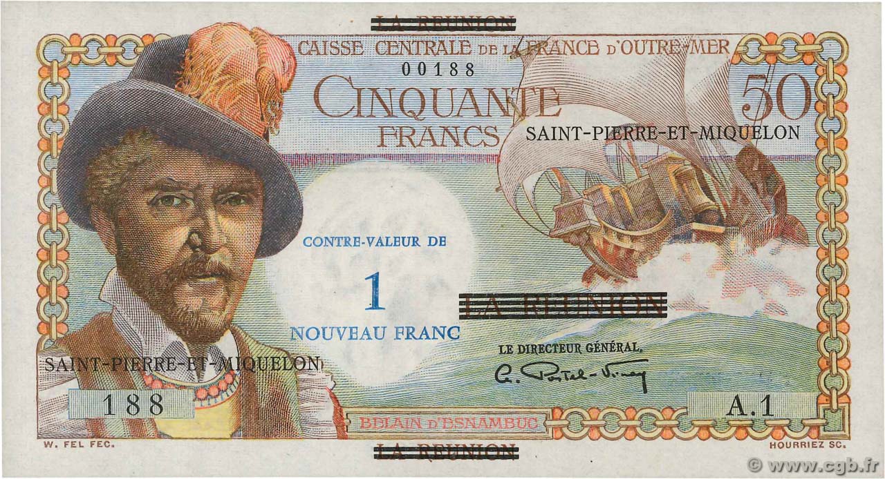 1 NF sur 50 Francs Belain d Esnambuc Petit numéro SAN PEDRO Y MIGUELóN  1960 P.30a SC