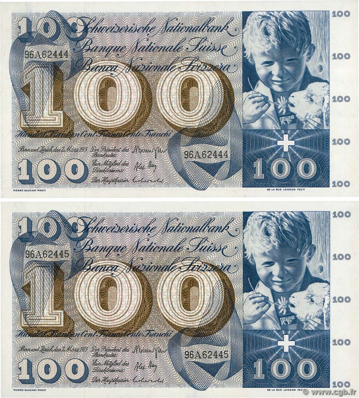 100 Francs Consécutifs SUISSE  1973 P.49o q.FDC
