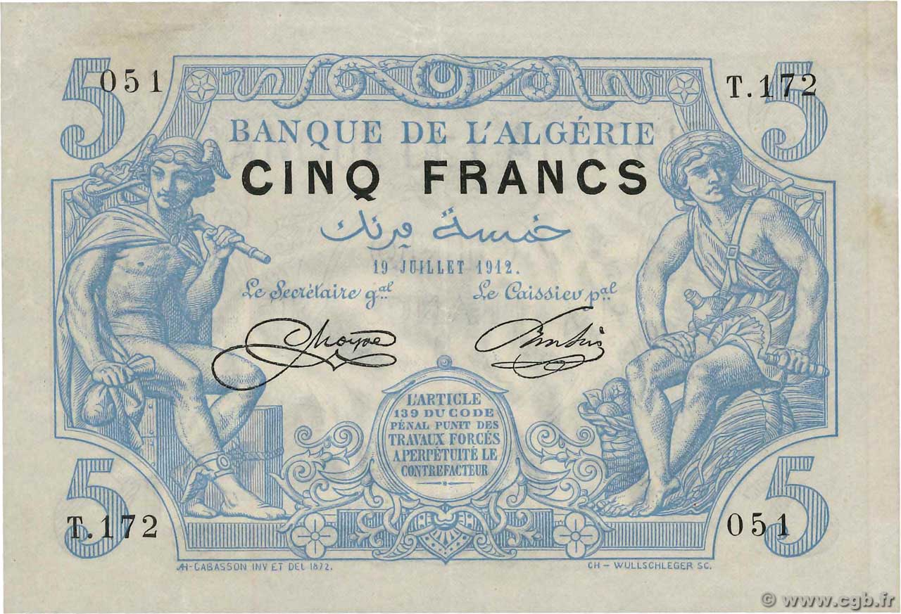 5 Francs ALGÉRIE  1912 P.071a SUP