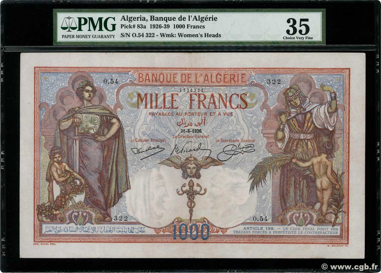 1000 Francs ALGERIEN  1926 P.083a fSS