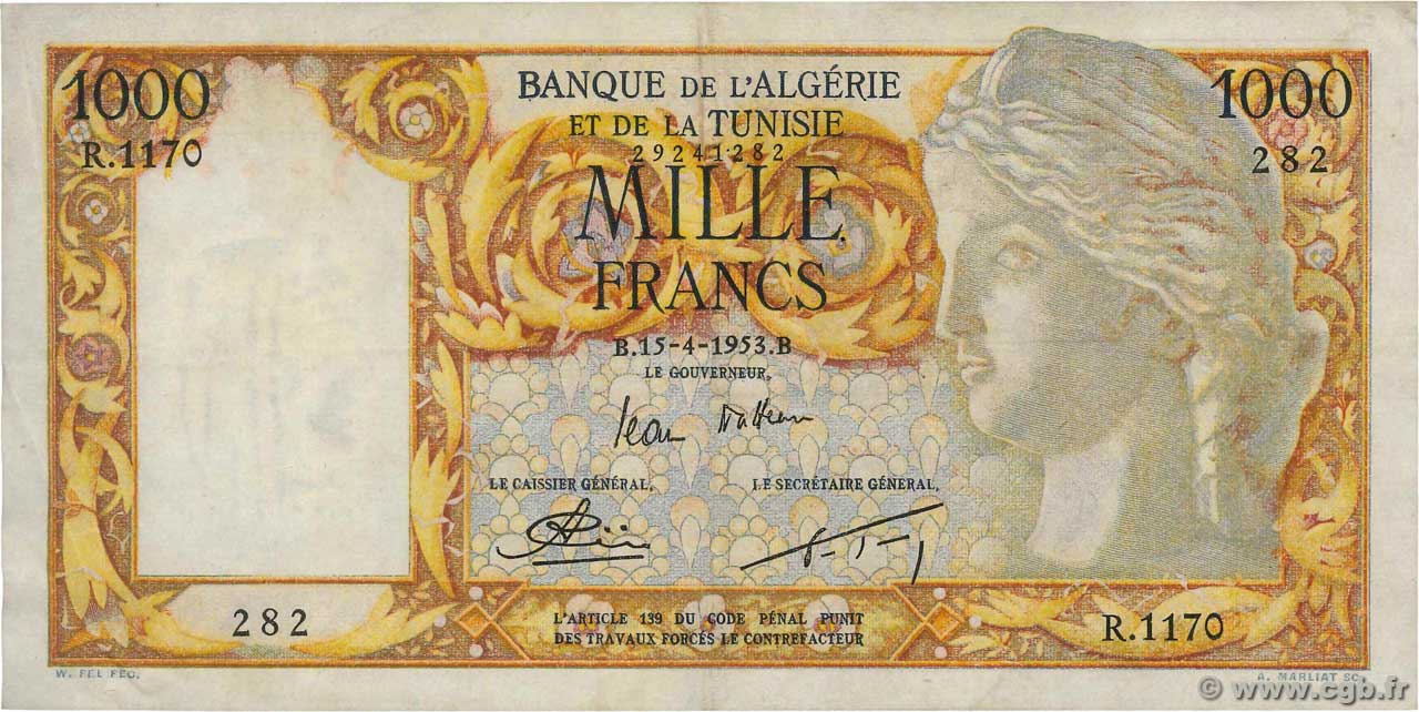 1000 Francs ALGERIA  1953 P.107b BB