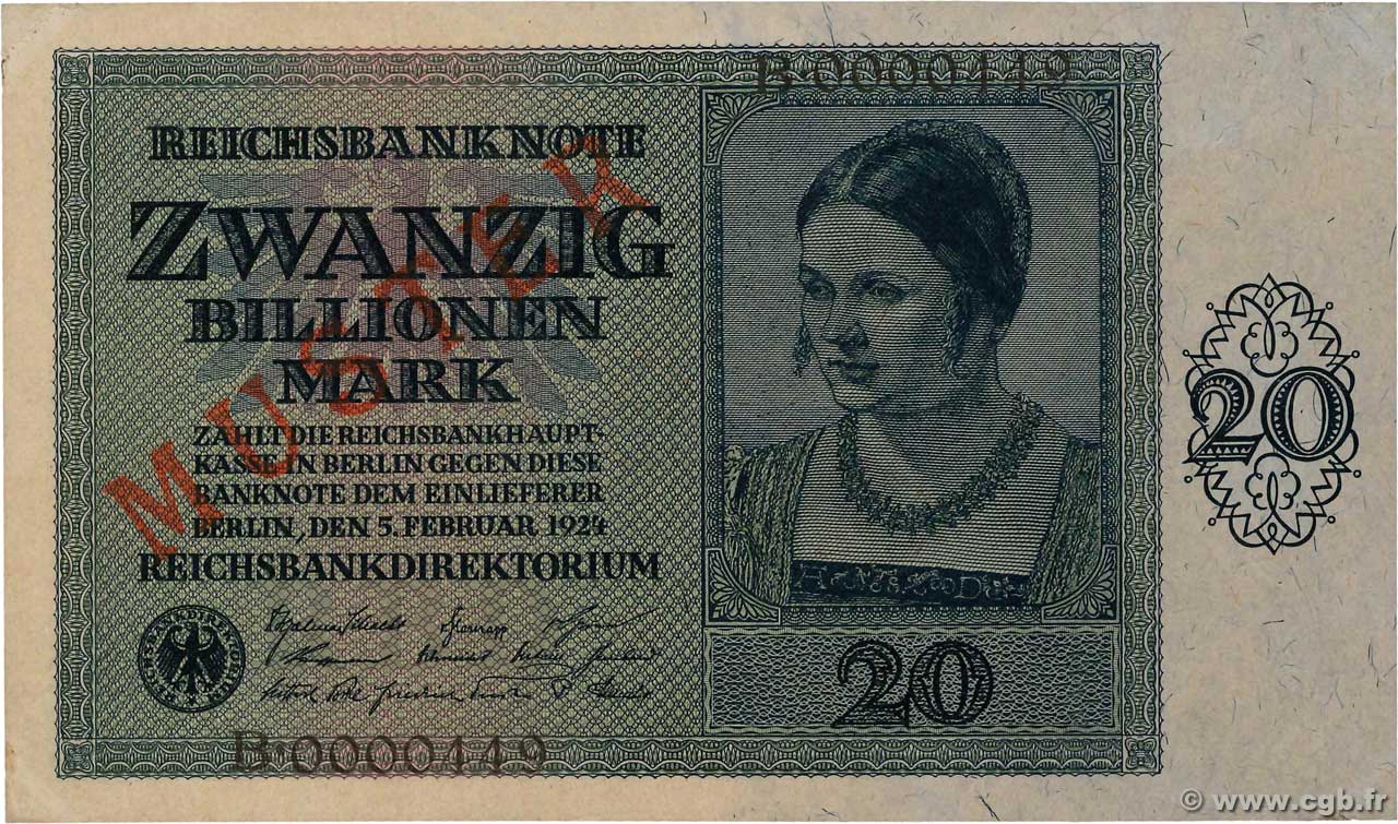 20 Billions Mark Spécimen GERMANIA  1924 P.138s AU