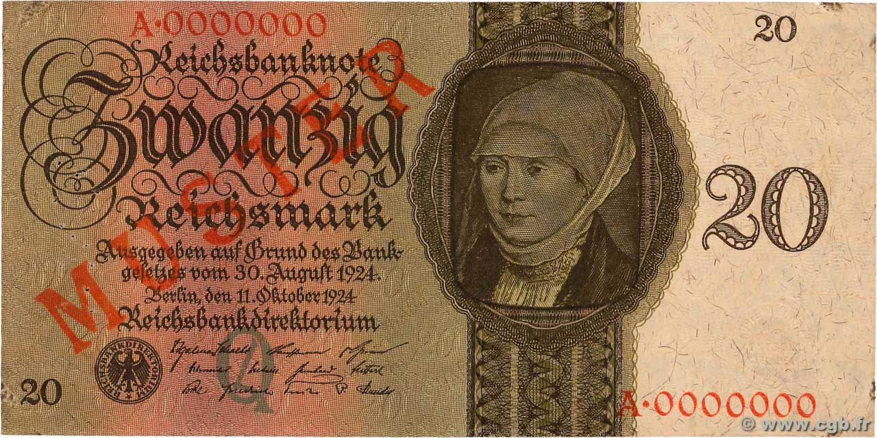 20 Reichsmark Spécimen DEUTSCHLAND  1924 P.176s fVZ
